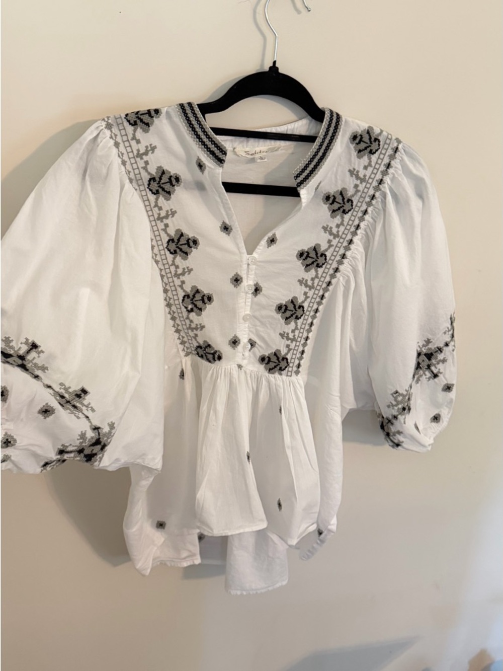 Solitaire White Peasant Blouse with Black Embroidery
